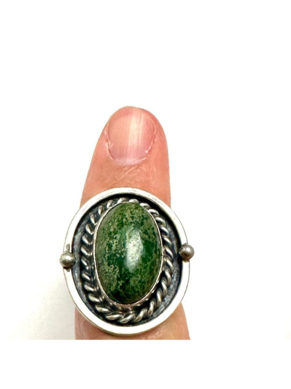Vintage Sterling Silver Green Aventurine Ring Size 5 Boho Oval Cabochon